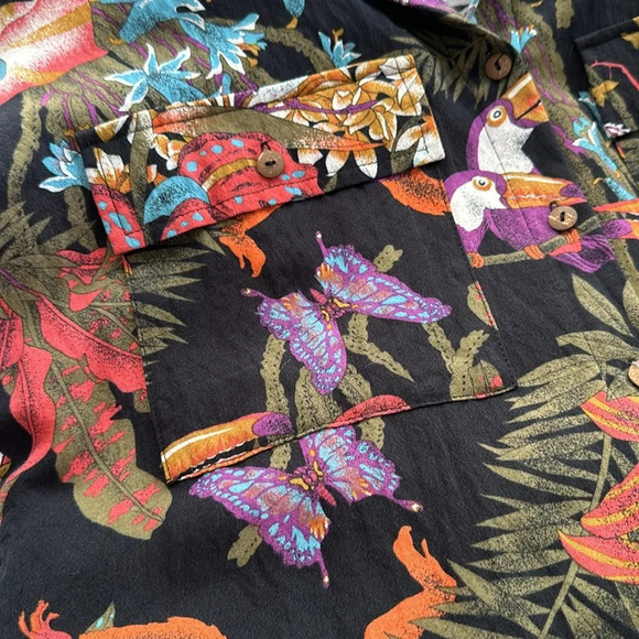 PEPALOVES Bohemian Tropical Button Up Shirt Black Whimsical Butterflies Large - Picture 2 of 16